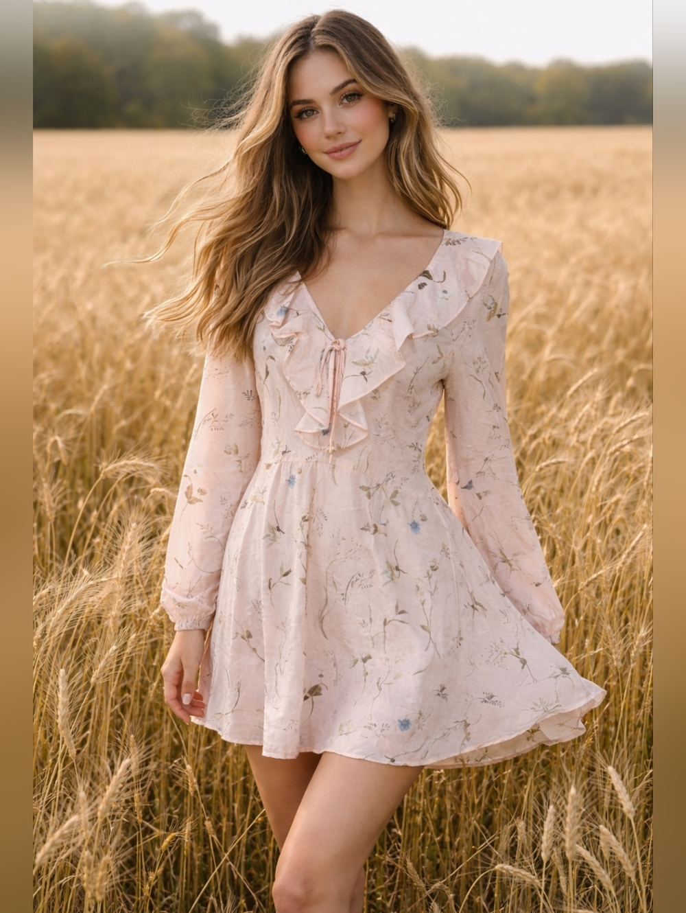 H&M Flounce Soft Pink Floral Ruffle V-Neck Dress Long Puff Sleeve Flowy Boho S